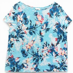 J.Jill Love Linen Floral Top XL Blue Short Sleeve Lightweight 100% Linen Shirt